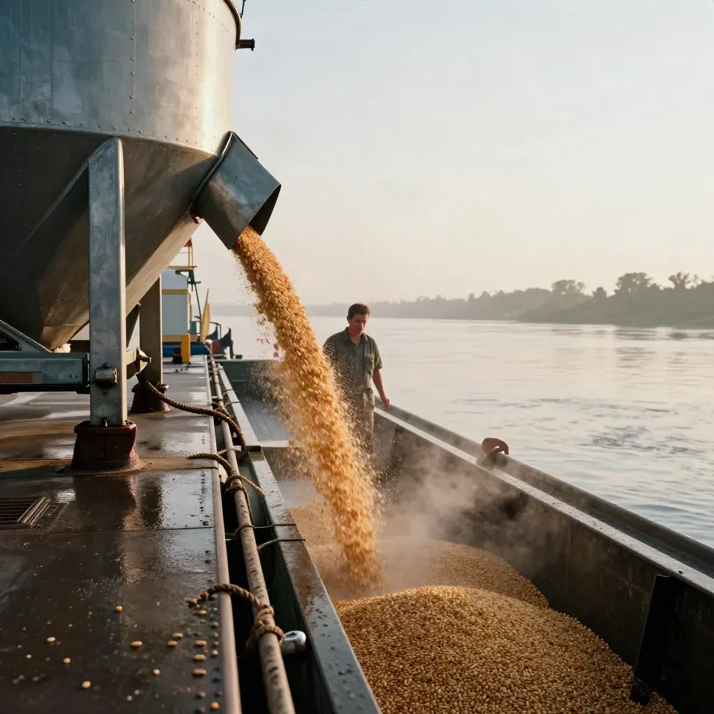 Corn pouring from a barge hopper into an ethanol terminal conveyor trench beside a misty river dock.