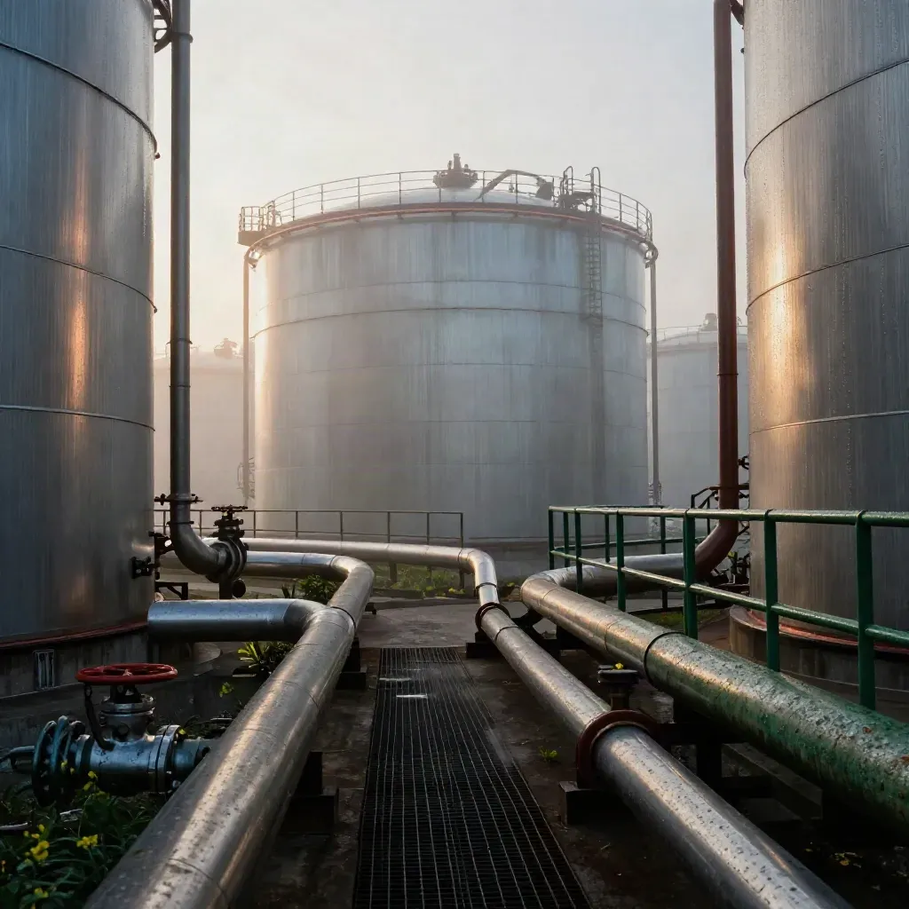 Fog drifts through biodiesel tanks and stainless pipes at a northern port in cold evening light.