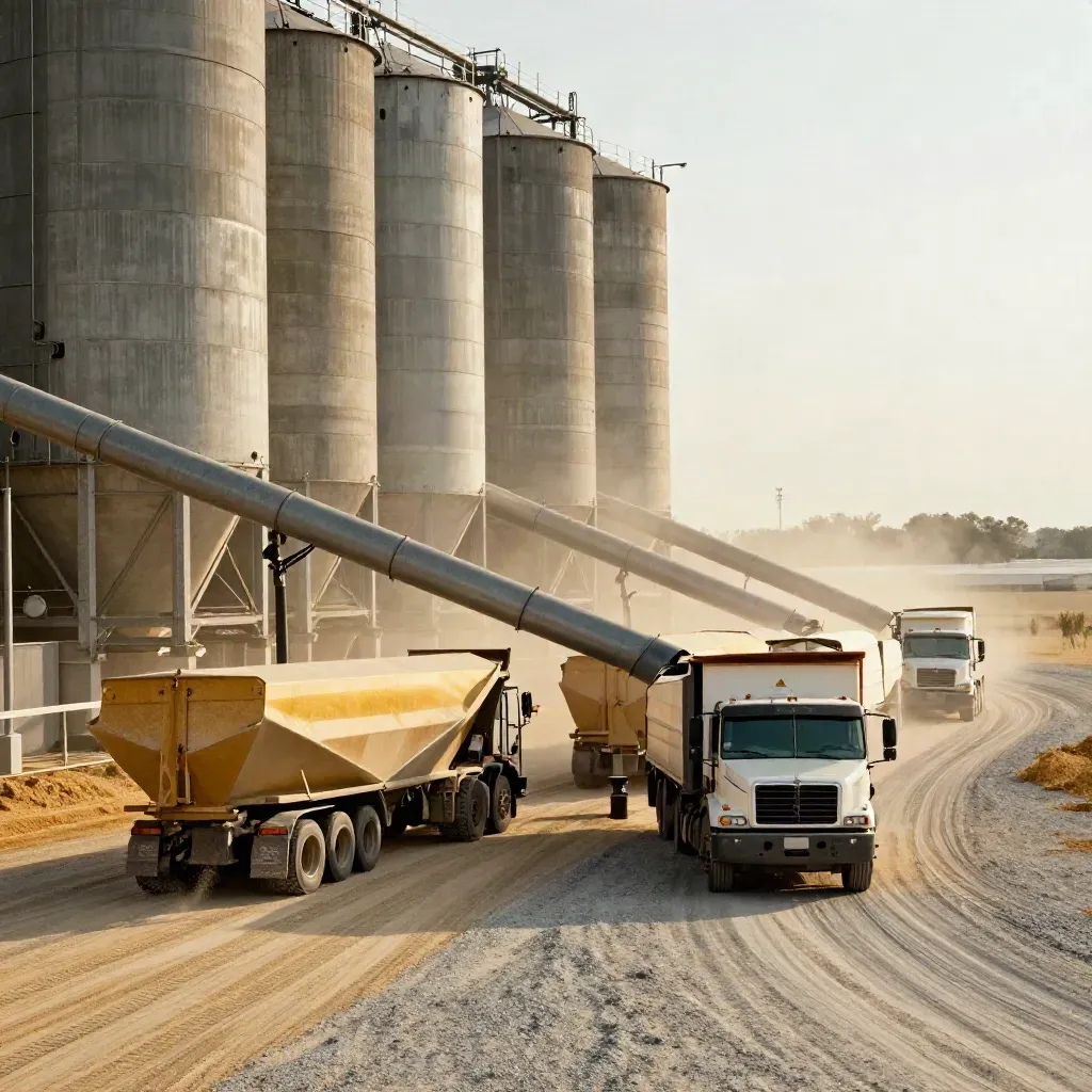 Grain trucks curve past silos and drying bins in a sunlit Midwestern yard.