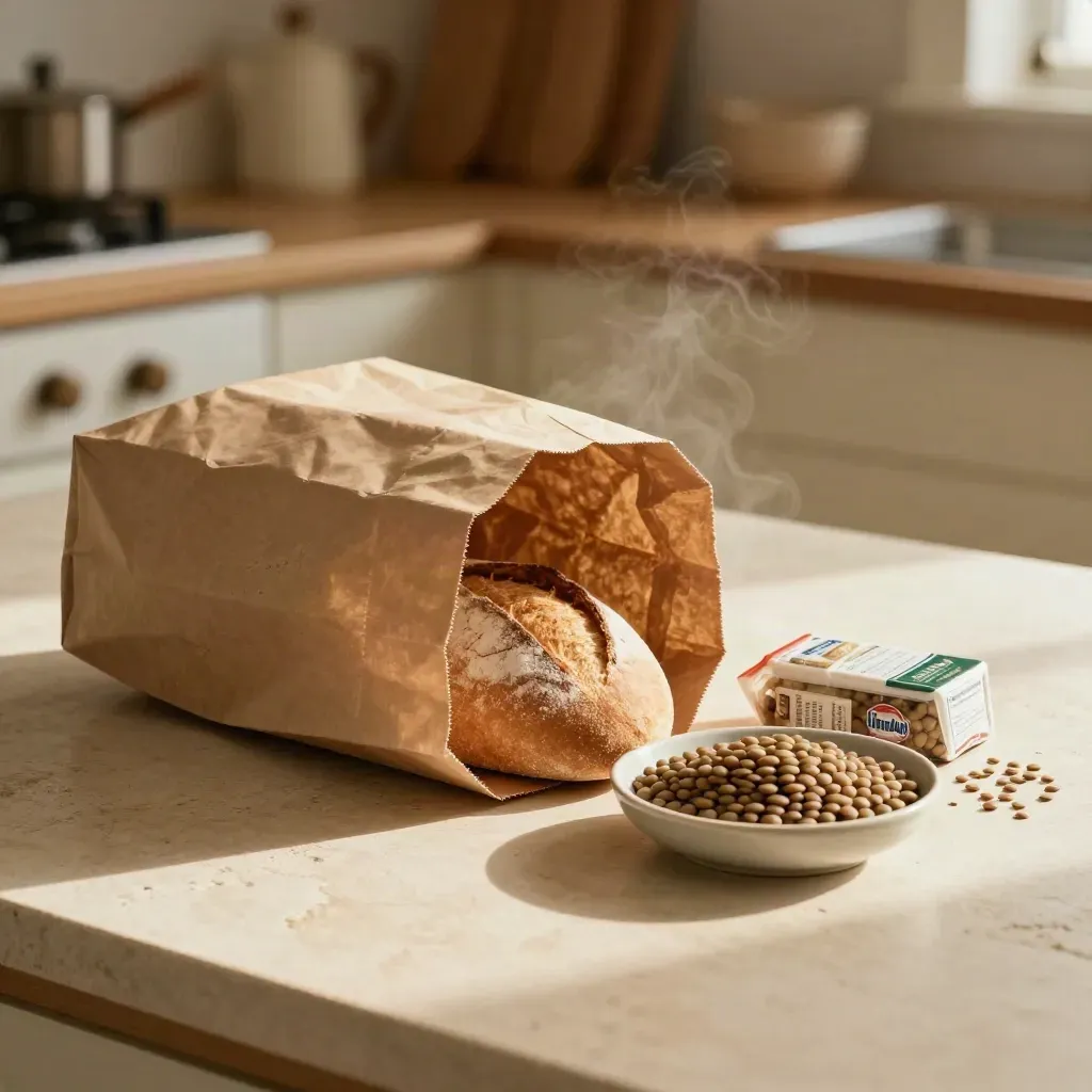 Open grocery bag beside bread and lentils on a quiet cream kitchen counter