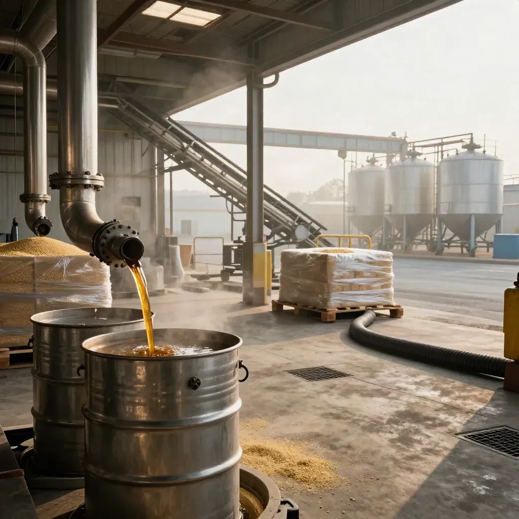 Soy crushing plant interior with oil drums, polished pipes, and meal pellets by a loading bay.