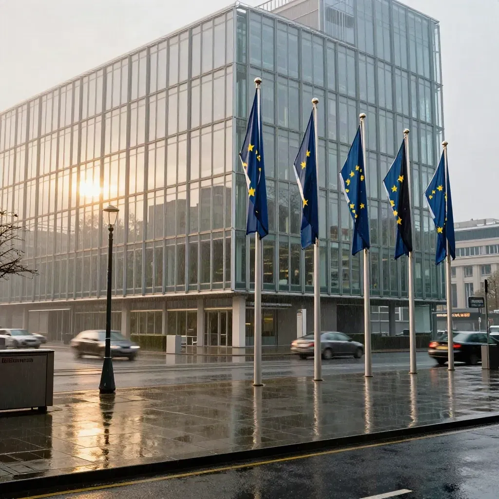 Rainy Brussels facade with EU flags above a wet plaza, traffic blurred behind.