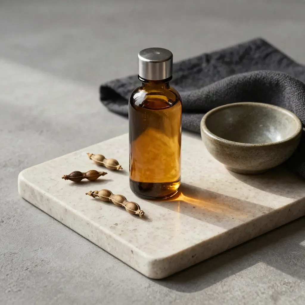 Amber biodiesel bottle, rapeseed pods, charcoal cloth and stoneware bowl on a pale stone tray.